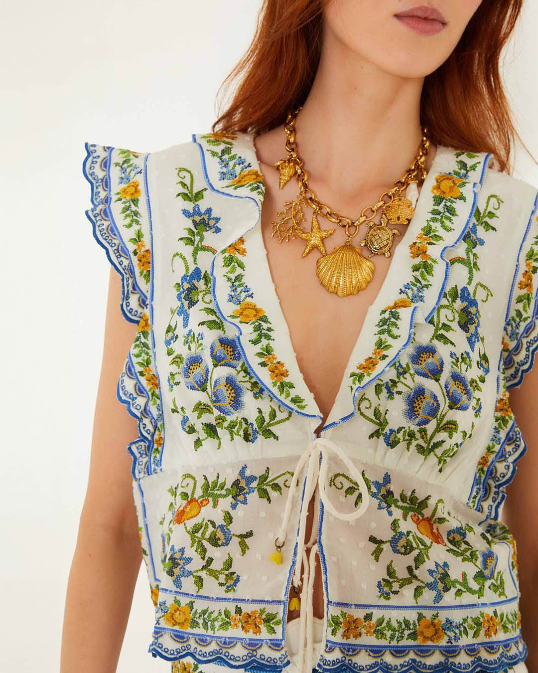 Farm Rio Emily Floral Tapestry Off White Blouse