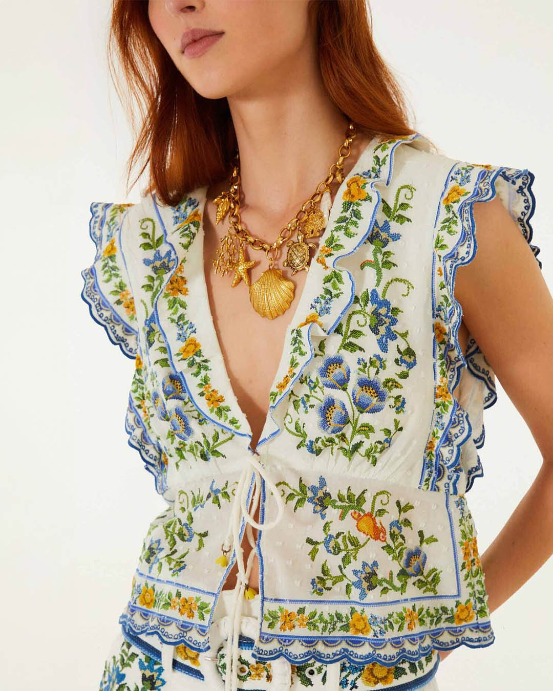 Farm Rio Emily Floral Tapestry Off White Blouse