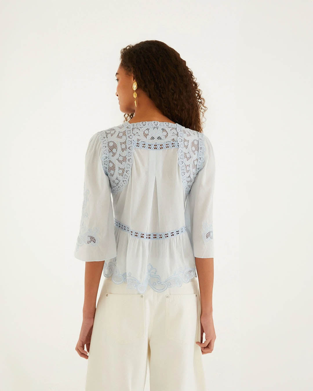 Farm Rio Light Blue Richelieu Short Sleeve Blouse