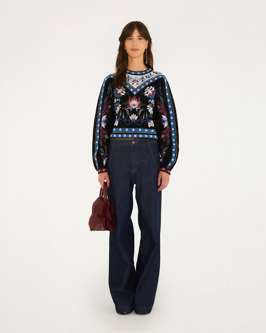 Farm Rio Natalia Burgundy Knit Sweater