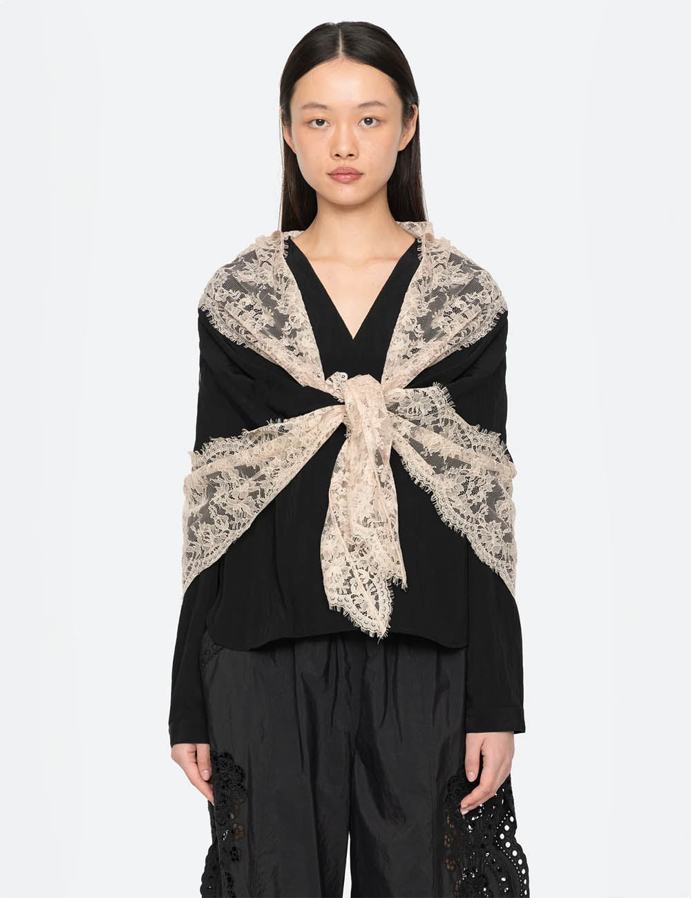 Sea New York Lisette Solid L/SLV Blouse W/Lace Scarf
