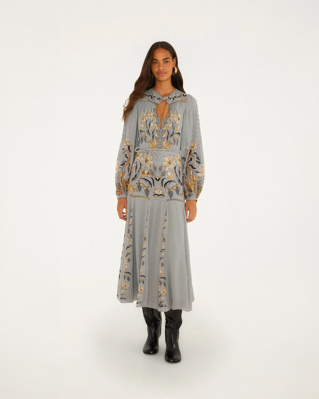 Farm Rio Stained Glass Beauty Long Sleeve Pleated Maxi Dress