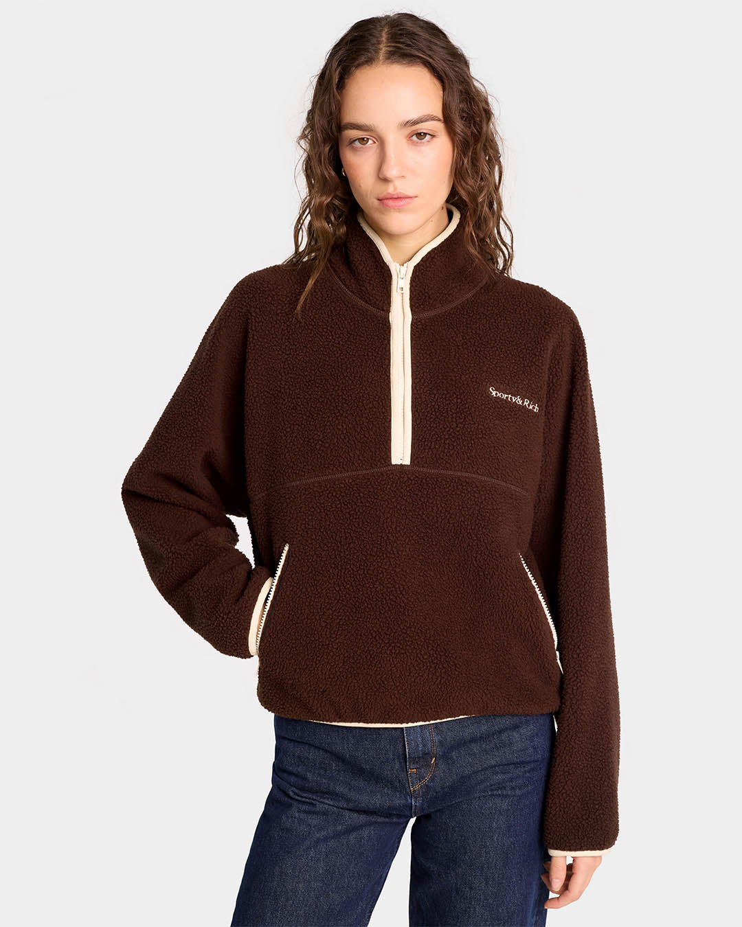 Sporty & Rich Serif Logo Sherpa Quarter Zip