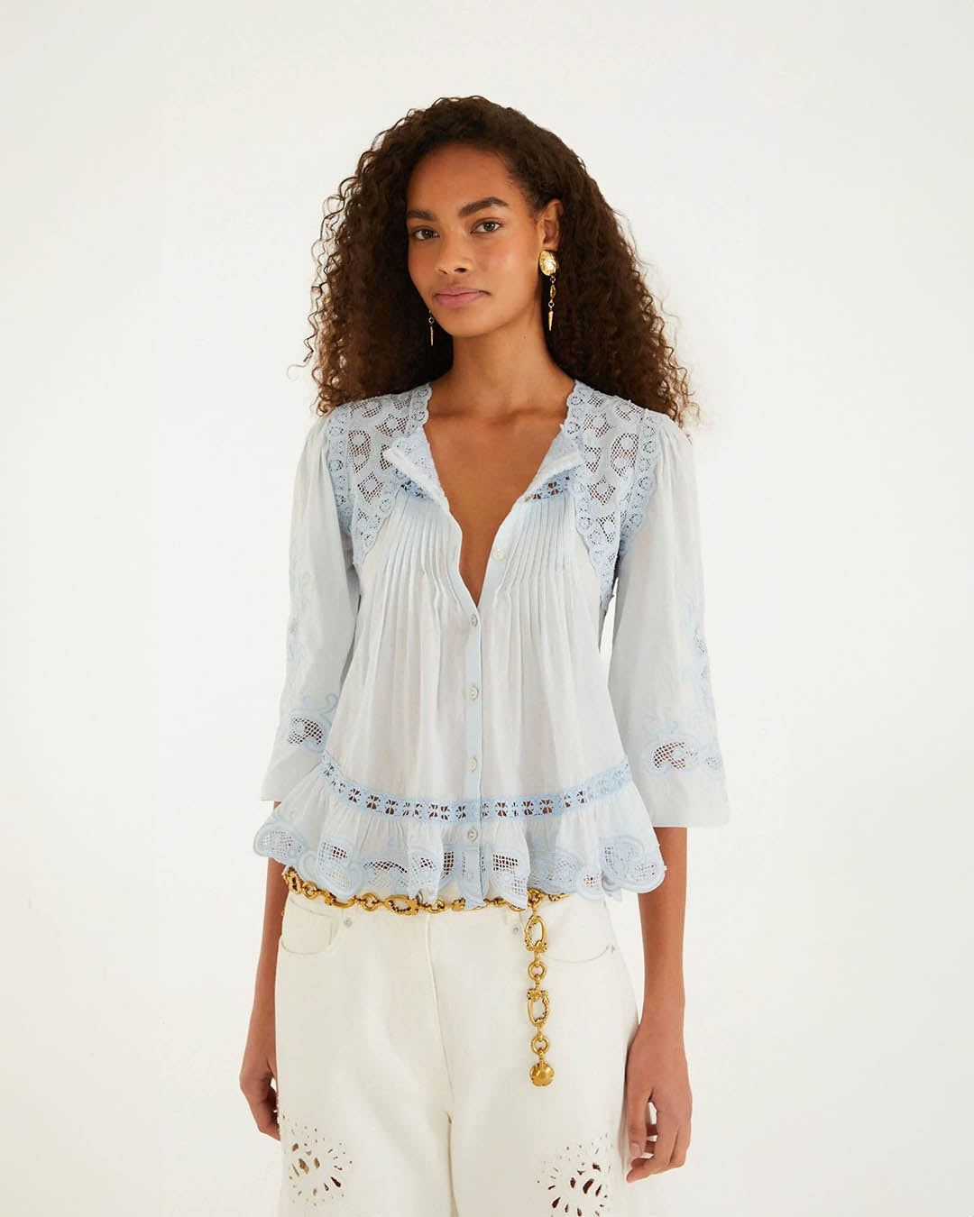 Farm Rio Light Blue Richelieu Short Sleeve Blouse