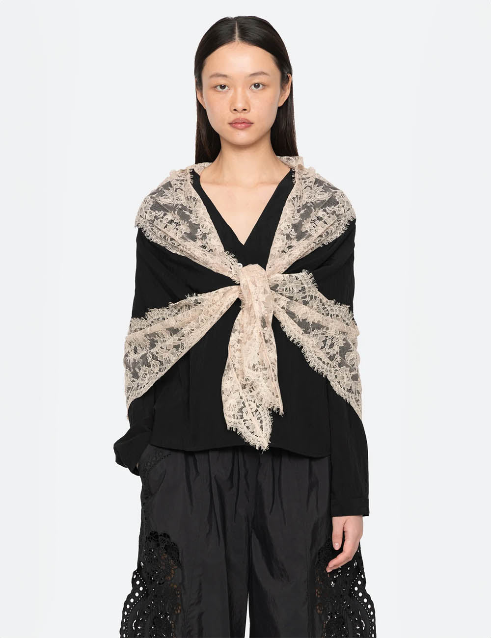 Sea New York Lisette Solid L/SLV Blouse W/Lace Scarf