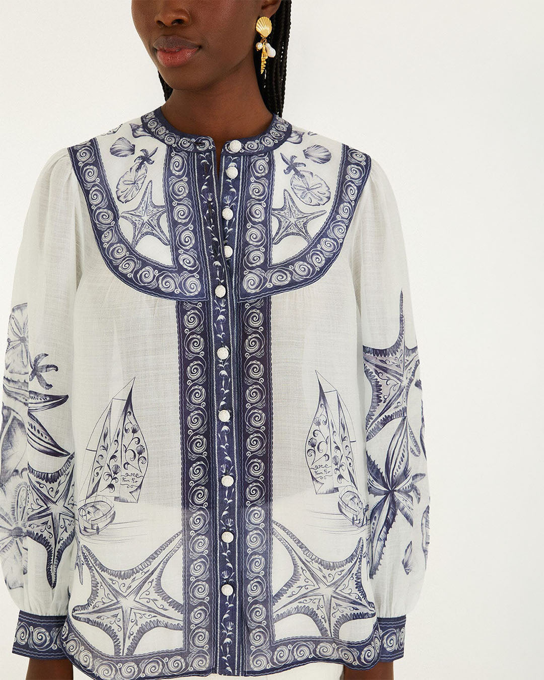 Farm Rio Coast Scarf Long Sleeve Blouse