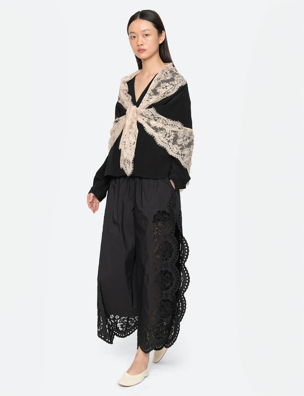 Sea New York Lisette Solid L/SLV Blouse W/Lace Scarf