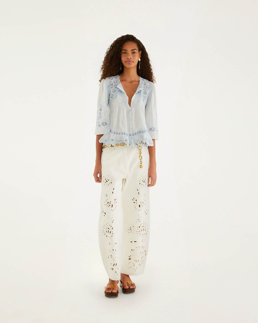 Farm Rio Light Blue Richelieu Short Sleeve Blouse