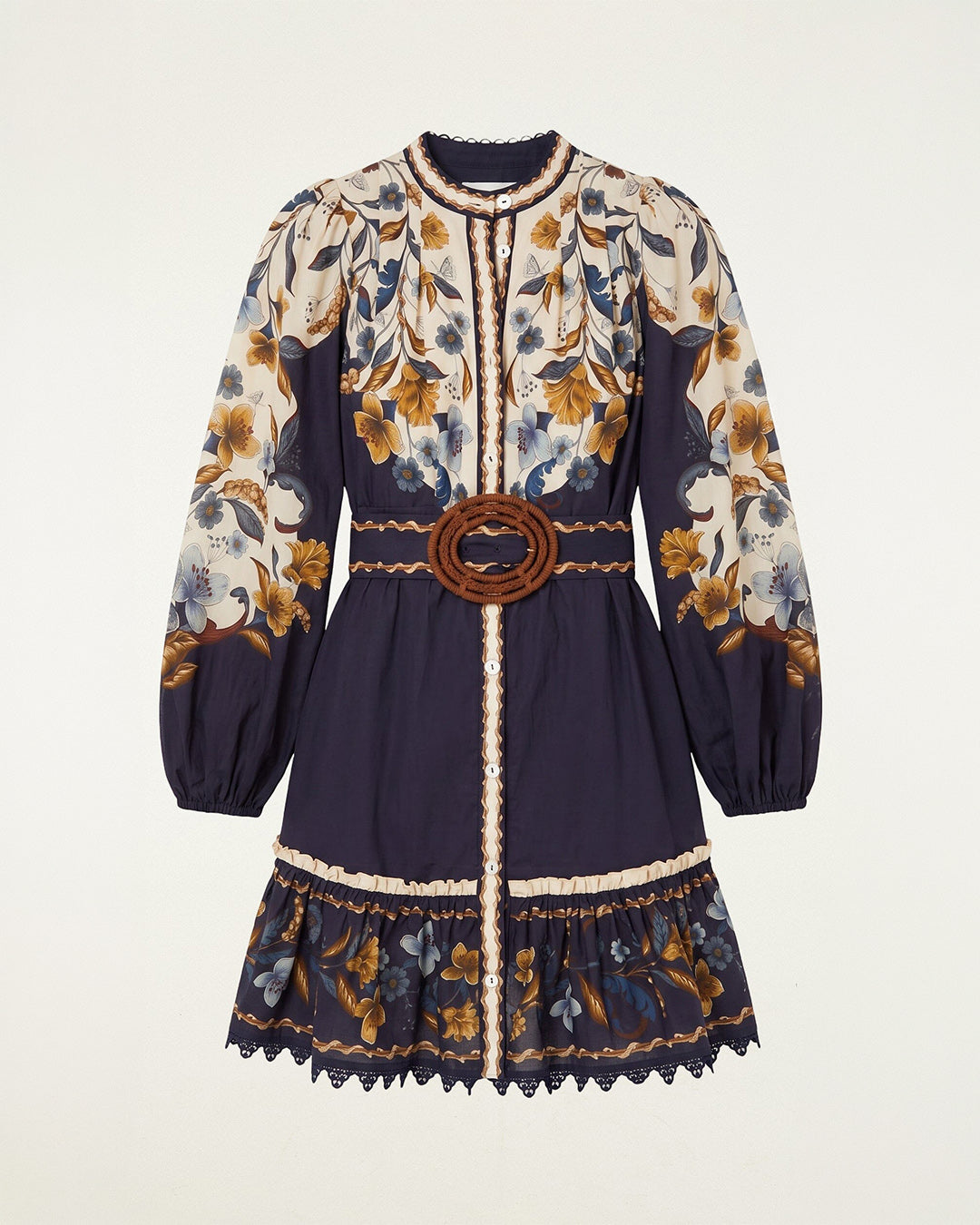Farm Rio Golden Nature Navy Blue Mini Dress