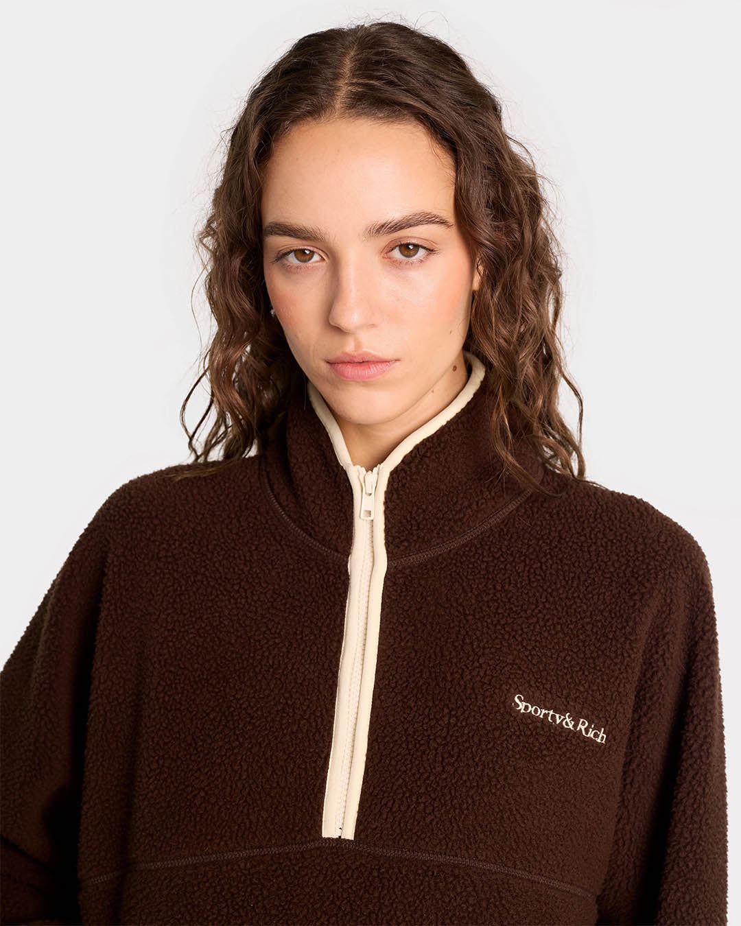 Sporty & Rich Serif Logo Sherpa Quarter Zip