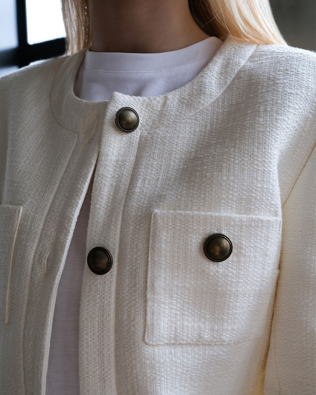 Frame Collarless Button Front Jacket