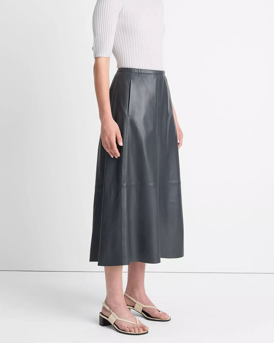 Vince Mid Rise Leather Gathered Skirt