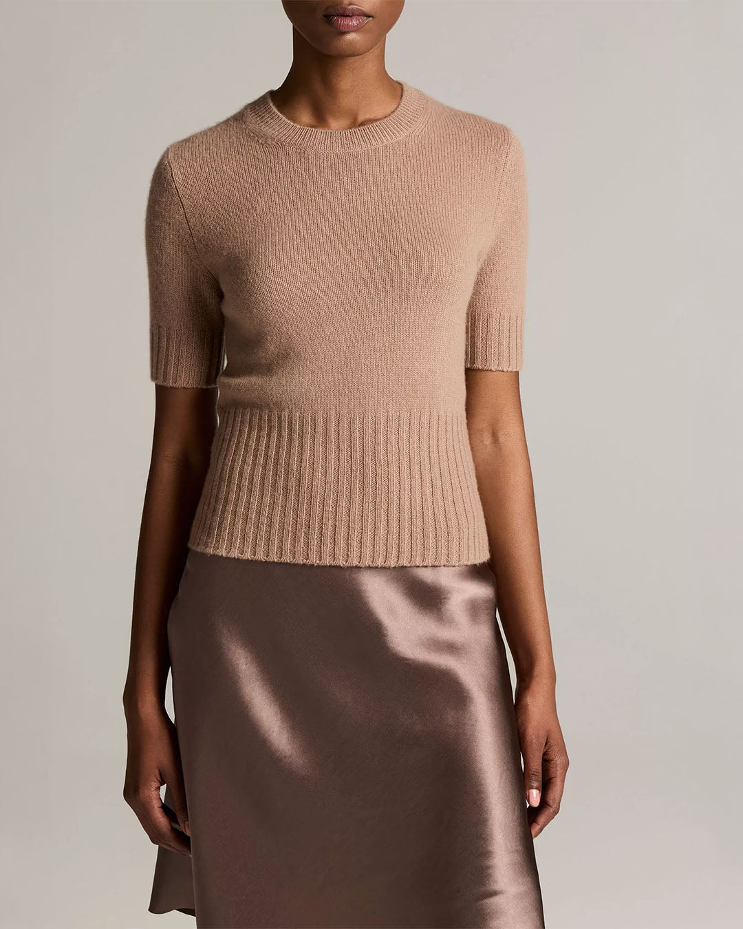 Vince Wool-Cashmere High-Rib Short-Sleeve Sweater