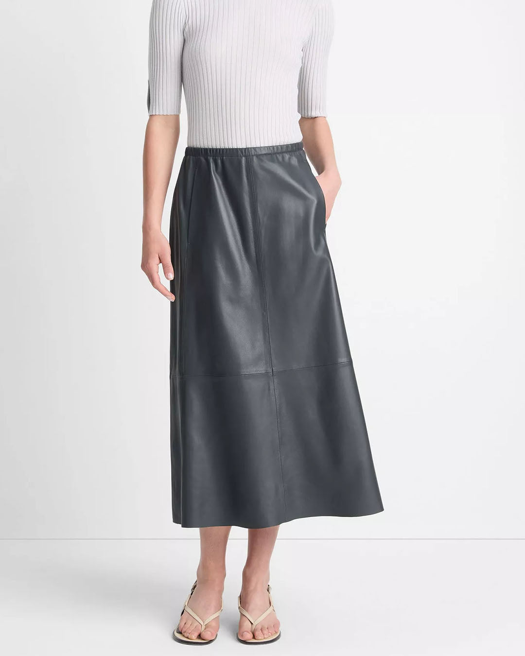 Vince Mid Rise Leather Gathered Skirt