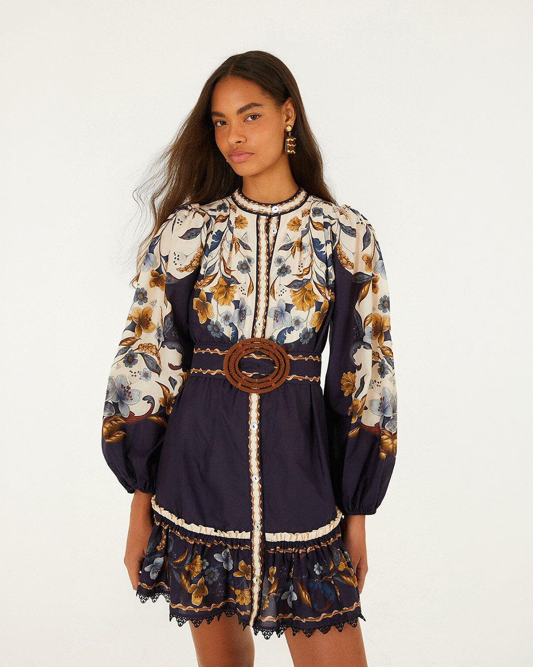 Farm Rio Golden Nature Navy Blue Mini Dress