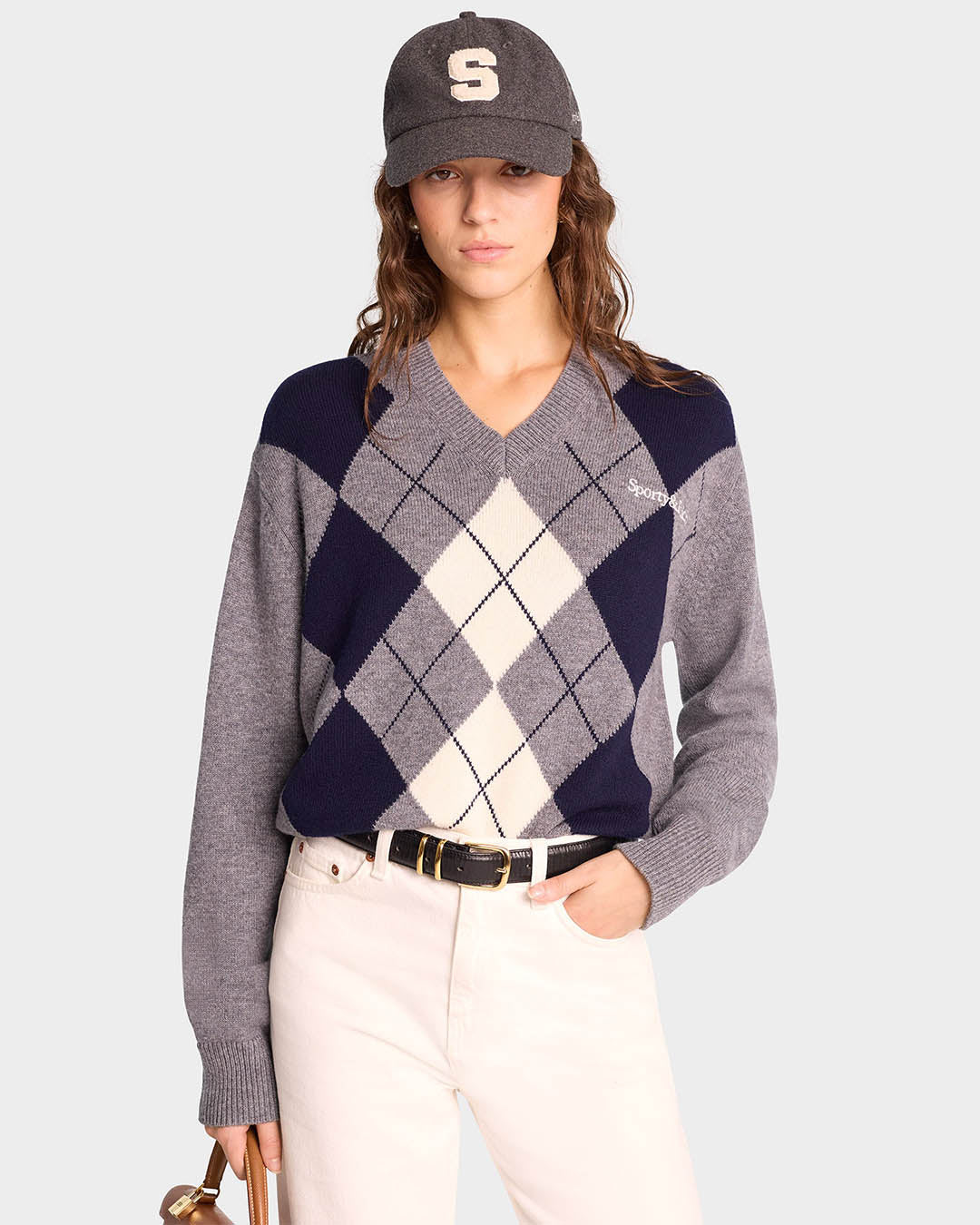 Sporty & Rich Serif Logo Argyle Sweater