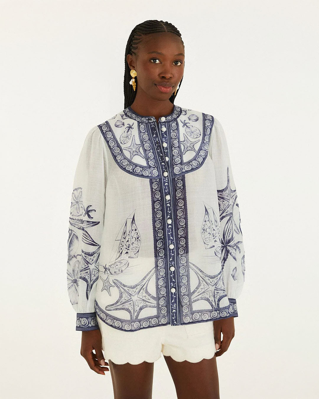 Farm Rio Coast Scarf Long Sleeve Blouse